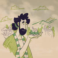 Wallpaper illustration of a man cradling a tiny child in his open hand, with family figures behind, in green tones.