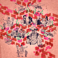 Wallpaper illustration of small scenes of people helping and protecting one another, arranged over a brick pattern.