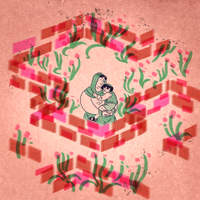 Wallpaper illustration of a figure embracing a child within a brick enclosure, in red and green tones.