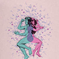 Wallpaper illustration of two intertwined figures, one teal and one pink, lying among scattered flowers.