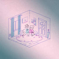 Wallpaper illustration of two figures sitting together in a cozy room, in pastel tones.