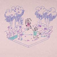 Wallpaper illustration of two figures tending a flowering garden, in pink and purple tones.