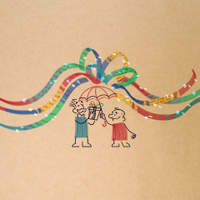 Wallpaper illustration of one figure sheltering another under an umbrella amid colorful ribbons.