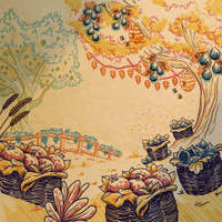 Wallpaper illustration of an orchard with baskets full of harvested fruit.