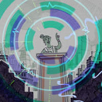 Wallpaper illustration of a figure speaking at a podium, surrounded by sound-wave rings, over a city skyline.
