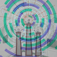 Wallpaper illustration of three figures at podiums emitting concentric sound waves over a cityscape.
