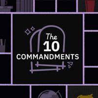 Illustration of a dark gallery wall hung with framed 10 Commandments icons surrounding the series title, “The 10 Commandments.”