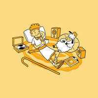 Cartoon illustration of a reclining figure and a sheep relaxing among speakers and a record player, on a yellow background.