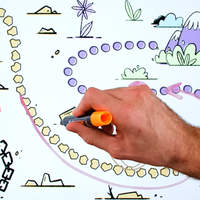Hand drawing a path on an Exodus Way board-game-style illustration with a marker.
