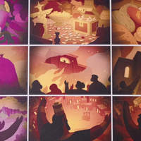 Grid of illustrated Wilderness storyboard panels in warm colors.