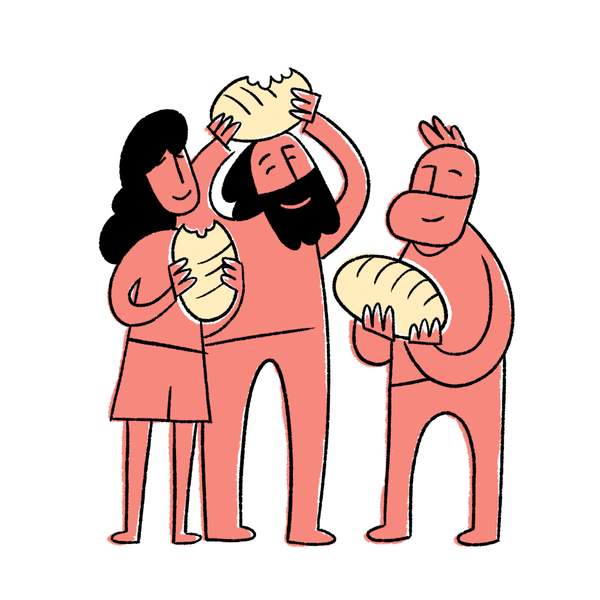 Stylized illustration of a group of people holding symbolic loaves of bread.