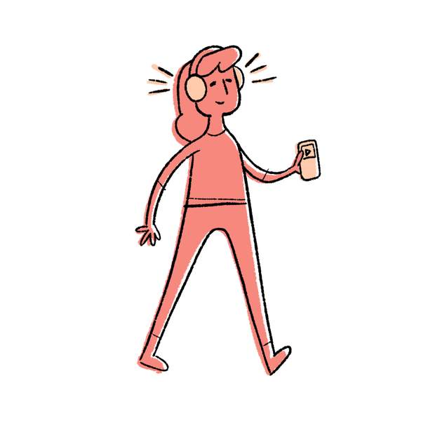 Stylized illustration of a woman listening to a podcast on headphones and walking.