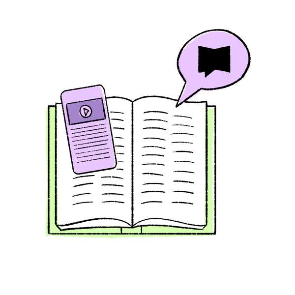 Stylized illustration of an open Bible and an phone showing a Bible reading plan
