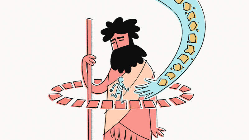 Stylized illustration of a prophet of Israel with a staff and the hand of God reaching down to provide rescue.