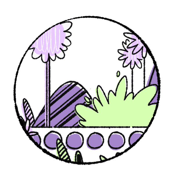 Stylized illustration of a garden with trees and bushes and a pattern or circles in the foreground.