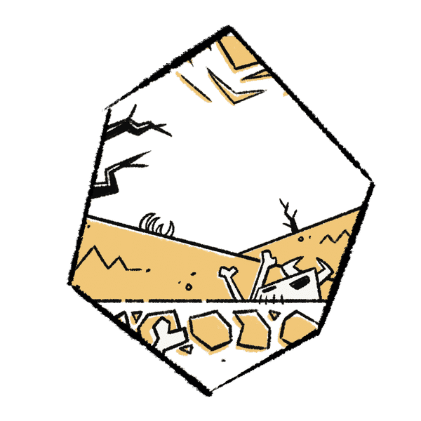Stylized illustration of a desert wilderness with hills in the background, and the skull of an animal and pattern of irregularly shaped polygons in the foreground.