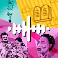 Podcast artwork with a white audio waveform over sketched figures and the two stone tablets of the law, in pink and yellow tones.