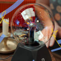 Photo of a glowing plasma ball beside a candle, with colorful streamer and star accents.