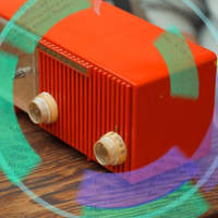 Photo of a vintage red radio overlaid with teal and purple graphics.