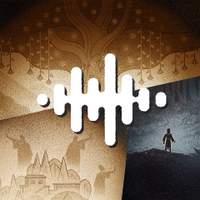 Podcast artwork with a white audio waveform over layered illustrations of a tree, city, and person in a dark cave.