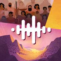 Podcast artwork with a white audio waveform over a wilderness scene with crowds and mountains.