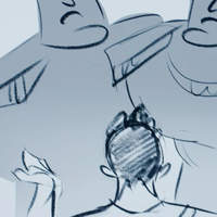 Digital storyboard sketches of a figure viewed from behind speaking with two figures facing forward.