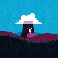 Textured illustration of a small white figure with outstretched arms standing atop a dark mountain, set against rolling purple hills and a blue sky.