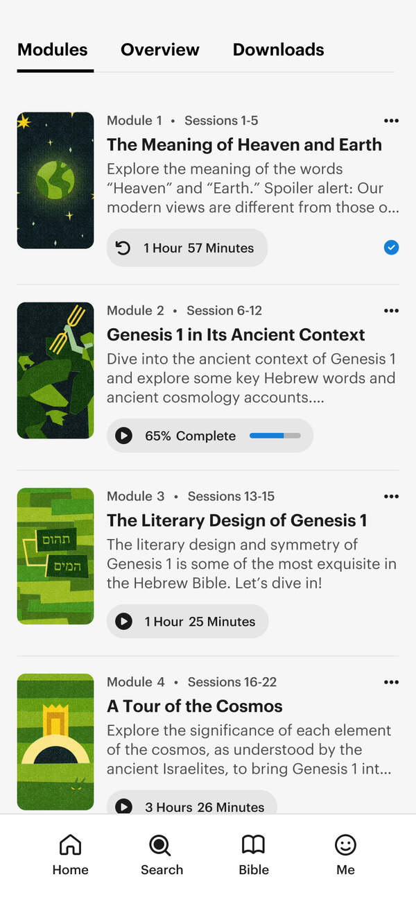 Picture of the modules in Heaven and Earth. Each one gives the module number, which session numbers it contains, the title, the description, and the amount of time it takes to complete the class.