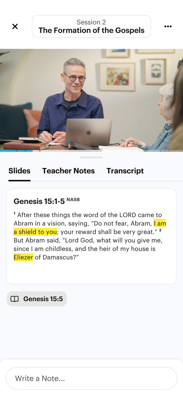 Picture of Session 2 of Heaven and Earth. In it, you can see the video of Tim Mackie teaching at a desk, a slide with a scripture passage on it, a tab for teacher notes, and a tab for a transcript.