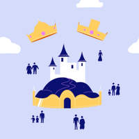Illustration of a castle on a hill surrounded by golden walls, with two crowns floating above and silhouetted figures around it.