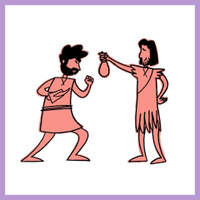 Illustration of two bearded men in ancient tunics, one offering a small pouch to the other in a gesture of unexpected generosity.