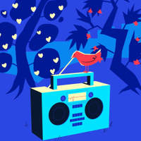 Illustration of a red bird perched on a boombox among contrasting trees, one bearing heart-shaped fruit and the other bearing small red fruit.