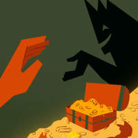 Illustration of a hand reaching toward an open treasure chest full of gold coins, with a shadowy figure looming over it.