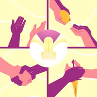 Illustration of hands in multiple panels depicting acts of giving, receiving, and worship, centered around a glowing doorway symbol.
