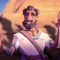 Illustration of Jesus in a white robe speaking with one hand raised, set against a mountainous desert backdrop.