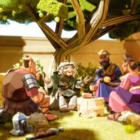 Illustration of figures gathered under a large fruit tree, sharing a meal and conversation in warm sunlit tones.