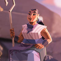 Illustration of a woman in ancient clothing holding a staff, with a gentle smile.
