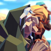 Illustrated close-up of group of people in robes with a bright sky behind them.