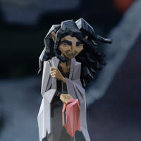 Illustration of a woman with dark hair in a white robe, clutching a pink cloth with a tense expression.