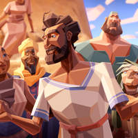 Illustration of a diverse group of figures gathered around Jesus on a hilltop.
