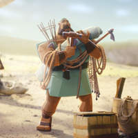 Illustration of a rugged man carrying tools, ropes, and supplies while standing in a dusty desert landscape.