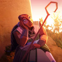 Illustration of a woman holding a staff, sitting against a sunlit stone wall with warm golden tones, gazing upward thoughtfully.