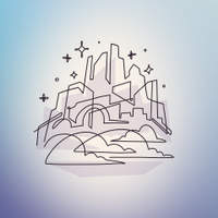 Line art illustration of a radiant city with towers and arches rising above clouds, surrounded by stars.