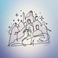 Line art illustration of a group of figures gathered in conversation, with one central figure raising a hand, surrounded by stars.