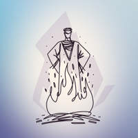 Line art illustration of a robed figure standing behind rising flames on a soft blue-purple gradient background.