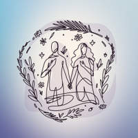 Line art illustration of a man and woman walking together, framed by a circular wreath of leaves, flowers, and branches.