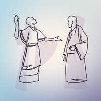 Line art illustration of two robed figures facing each other, one with a raised hand as if making an oath.