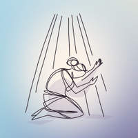 Line art illustration of a woman kneeling with one hand raised toward descending rays of light.