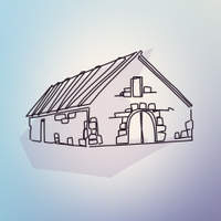 Line art illustration of a simple stone house with an arched doorway and exposed brickwork.
