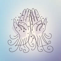 Line art illustration of two open hands reaching upward surrounded by stars, sparkles, and decorative swirls.